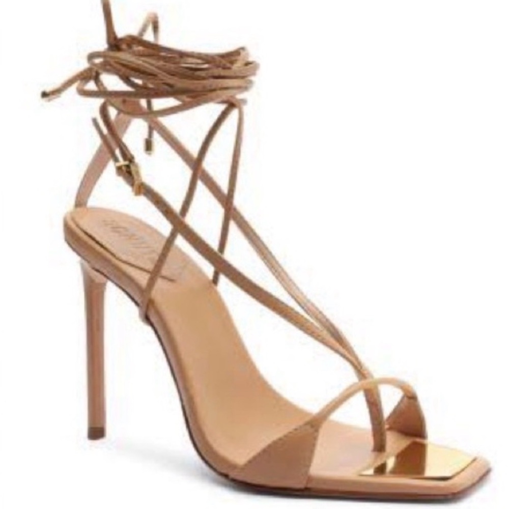 SCHUTZ Tan Strappy Lace-Up Stiletto Sandals